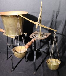 Two Antique Brass And Iron Trivet Stands, Brass Scale And Planter/ Basket.