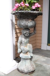 Rustic Patinated Neo Classical Hollow Bronze Metal Garden Urn Stands Approximately 24 W X 24 D X 46 Tall, L