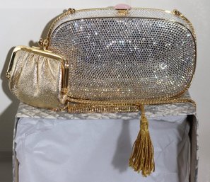Judith Lieber Designer Swarovski Crystal Evening Bag With Gold Trim & Pink Cabochon Clasp