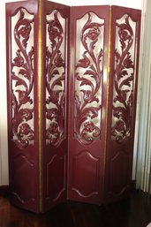 Unique Four- Panel Scroll Carved Room Divider Painted Dark Purplish Maroon