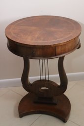 Round Side Table With Lyre Base And Drawer.