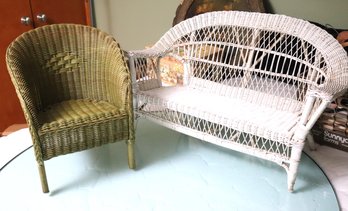 Two Child Size Wicker Furniture Pieces With Loveseat And Green Painted Chair