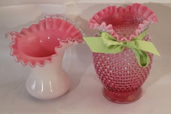 Two Frilly Fenton Cranberry Glass Vases, One With Hobnail Design