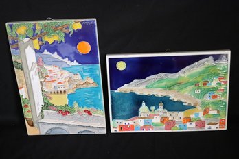 Two Carved Glazed Wall Plaques / Tiles Of The Amalfi Coast, Ready To Hang.