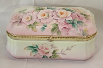 Large Hand Painted Nippon Porcelain Jewelry Box With Pink Roses & Hinged Lid