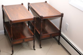 Pair Of Rosewood Side Tables With Shelf, And Drawer On Brass Casters.