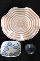 Three Handmade Ceramic Items With Wavy Edge Plate And Two Smaller Pieces.