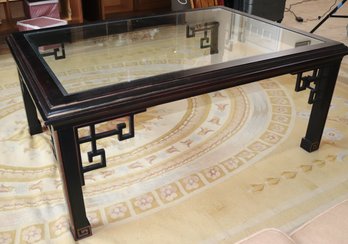 Modern Asian Style Coffee Table With Glass Top & Rich Dark Wood Frame With Carved Corner Filigree