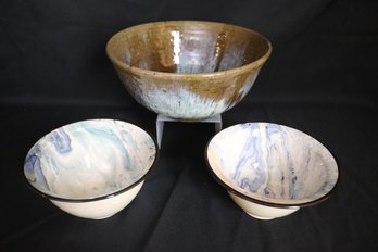 Three Vintage Glazed Pottery Bowls, Two Signed By JAM Australia.