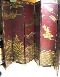 Vintage 6 Panel Chinese Floor Screen With Hand Painted Scenes On Cinnabar Color Background & Brass Feet