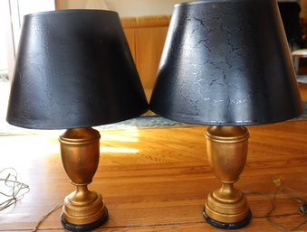 Pair Of Table Lamps Painted In A Gilded Finish With Shades