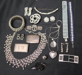 Lot Of Vintage Costume And Sterling Jewelry, Including Antique Belt Buckles, And Rhinestone Pieces