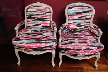 Pair Of Louis XV French Style Wood Framed Fauteuils/ Armchairs With Hand Painted Silk Fabric.