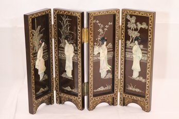 Vintage 4 Panel Hand Painted Asian Folding Lacquered Tabletop Screen Decor With Carved Shell Geisha Accents