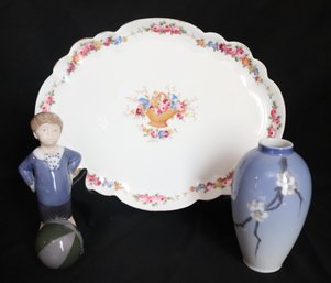Royal Copenhagen Vase With Dogwood, Royal Copenhagen Figurine, And Antique Porcelain Plate With Roses.