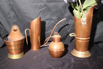 Lot Of 4 Copper Items With Bucket With Lions, Watering Can, Wall Pocket