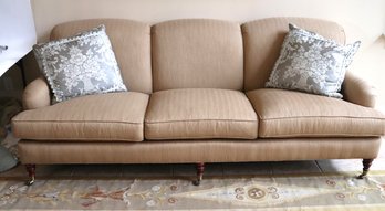 English Style Three Seat Sofa With Fluted Wooden Legs & Brass Casters
