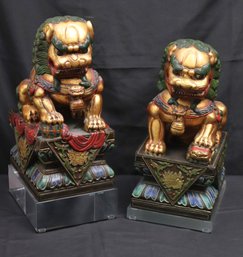 Two Elaborately Decorated And Painted Foo Dogs / Temple Lions Atop Painted Bases, Mounted On Lucite Bases.