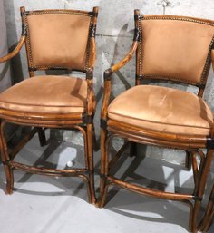 Pair Of 2 Rattan Style Counter Stools With Suede Cloth