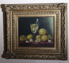 Antique Still Life Oil Painting Of Lemons & Sugar Cubes Signed By Artist