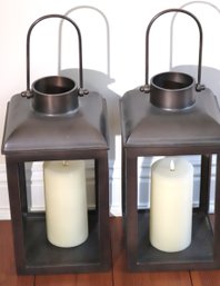 Two Heavyweight Square Metal Lanterns With Handles And Flameless Candles.