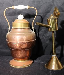 Antique Brass And Copper Bucket With Porcelain Handle And Oil Can