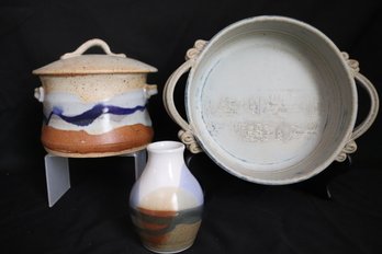 Lot Of 4 Handmade Ceramic Items, Covered Dish, Bowl With Handles, And Vase.