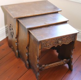 Vintage Handmade Carved Solid Oak Nesting Tables With Art Nouveau Motifs.