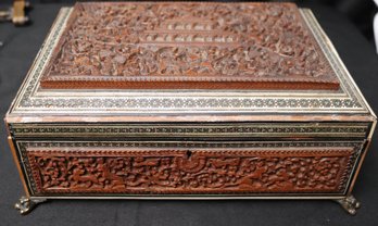 Antique Extensively Carved Indian Box With Brass Feet And Bone Inlay.