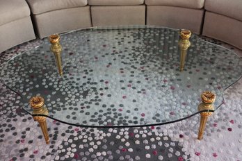 Large 72 X 48 Inches Oval Glass Top Coffee Table With Gilded Regency Style Fluted Legs.