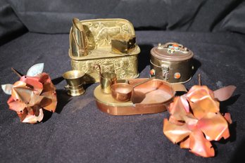 Lot Of 5 Small Copper And Brass Items- 2 Roses, Trinket Boxes, Etc.