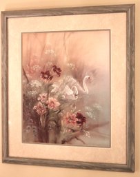 Vintage Pastel Painting Of Swans Surrounded By Lilies & Wildflowers Signed Lena Liu