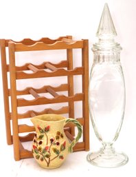 Large Glass Obelisk Container & 15 Bottle Wood Wine Stand, Includes Decorative Floral Pitcher
