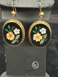 14K YELLOW GOLD  PIETRA DURAONYX AND CUT STONE FLOWER DESIGN PAIR OF EARRINGS (MATCH TO RING)
