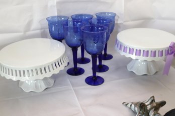 Two Godinger Cake Stands And 6 Tall Blue Etched Wine Glasses