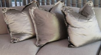 Three Custom- Made Grey Silk Accent Pillows With Gray Silk Fringe.