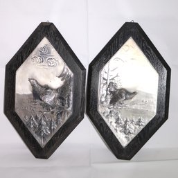 Pair Of Antique Embossed Metal Wall Plaques In Relief Mounted On A Wood Board Of Calling Birds