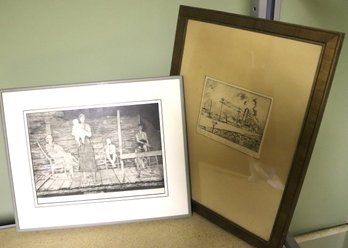 Two Vintage Black & White Framed Prints Signed By Artist