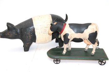 Large Vintage Carved Wood Pig Decor By Artist R. Connolly 1989, Includes  Carved Wood Cow On Cart R. Smith