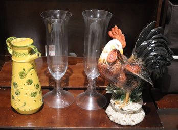 Large Rooster With A Crackle Finish, Glass Canisters & Large Italian Made Pitcher