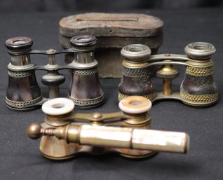 Three Antique French Opera Glasses, Two With Mother Of Pearl, And A Leather And Brass Pair With Leather  Case.