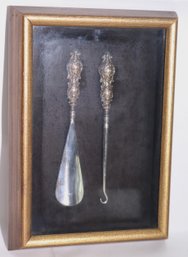 Antique Shoe Horn And Lace Tool In A Shadowbox Frame