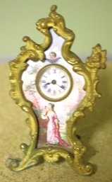 Miniature Antique French Clock With Hand Painted Enamel Face & Louis XV Style Bronze Frame
