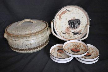 Large Earthenware Covered Pot And Japanese Serving Plate With 5 Small Serving Dishes.