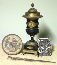 Antique Bronze & Marble Urn, Bronze Letter Opener Signed Duval, Arbor Romantic Clock & Ladies Booklet