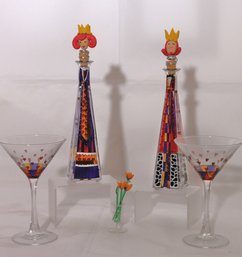 Collection Of Fun Colorful King And Queen Signed Hand Painted Bottles Includes Martini Glasses With Stirrers