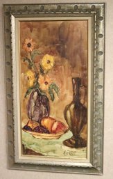 Mid Century Signed Still Life Painting On Canvas Of Flowers, Fruit Bowl And Pitcher.