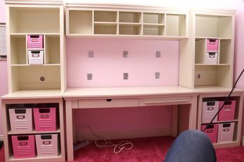 Four-piece PB Teen White Wood Desk, 2 Bookcases, And Hanging Cabinet.