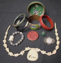 Lot Of Vintage Asian Jade, Cloisonne And Cinnabar Jewelry, As Well As A Bone Necklace.