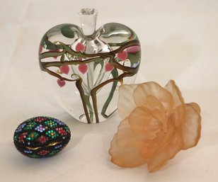 Hand Blown Art Glass, Perfume Bottle With Hearts, Colorful Studded, Egg Box, And  Floral Stopper
